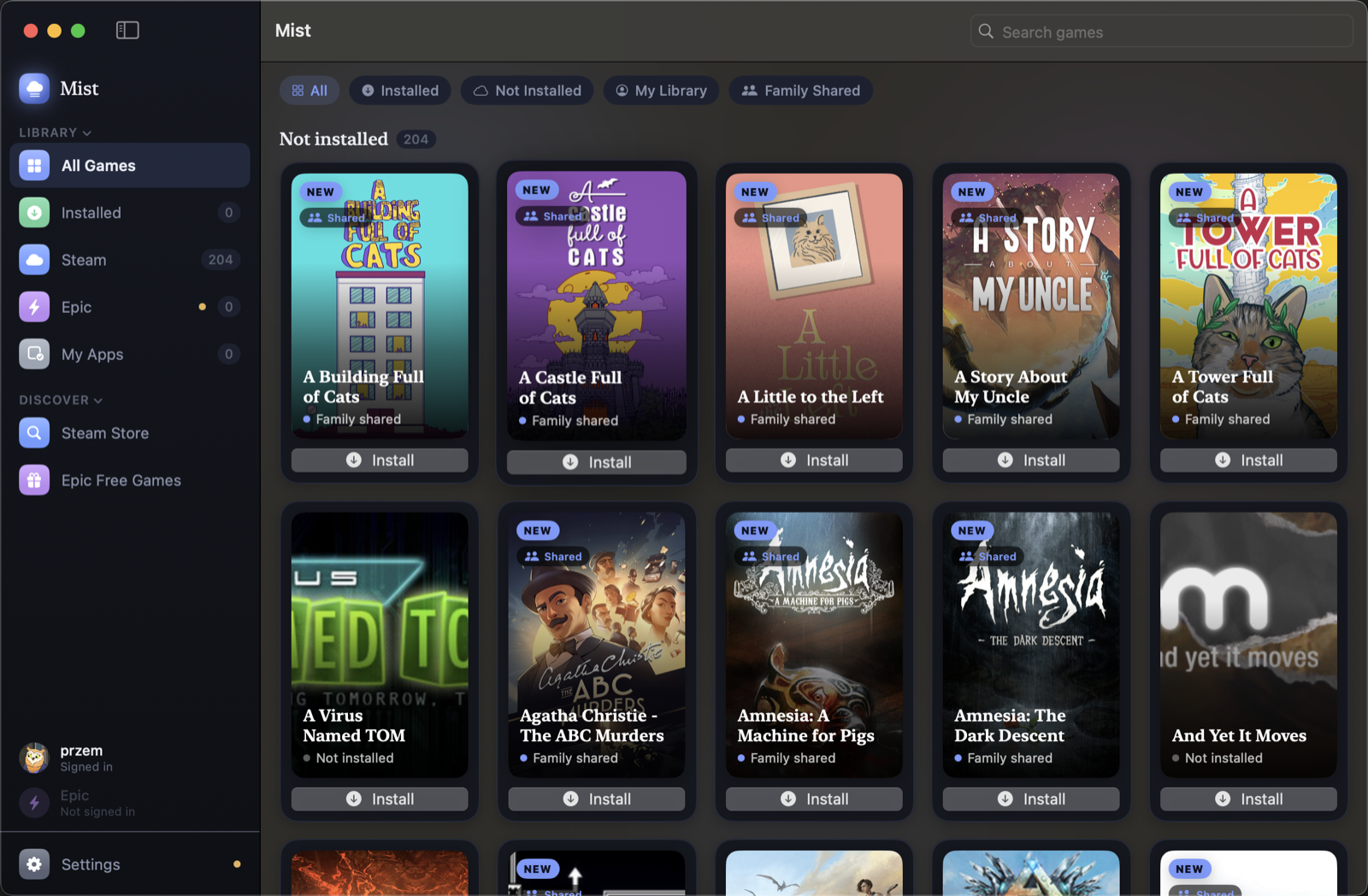 Mist's game library, showing installed and available Steam and Epic games